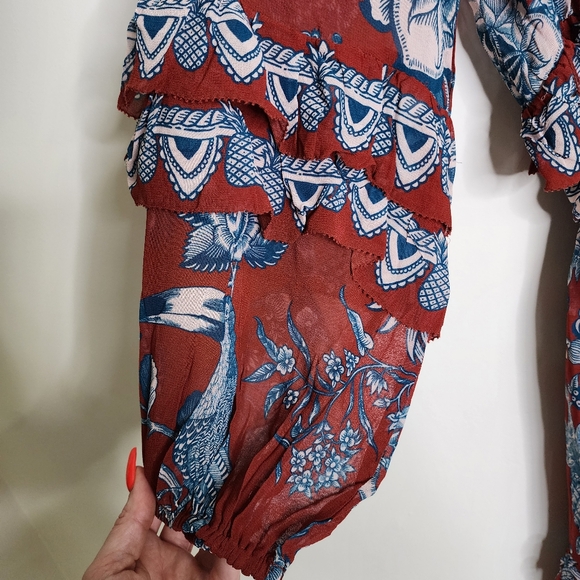 FARM Rio Tropical Landing Red Longsleeve Maxi Dress Medium Bohemian Resortwear - Picture 7 of 16